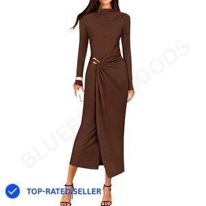 Long Sleeve Bodycon Mock Neck Midi Dress Elegant Cocktail Wedding Guest Party